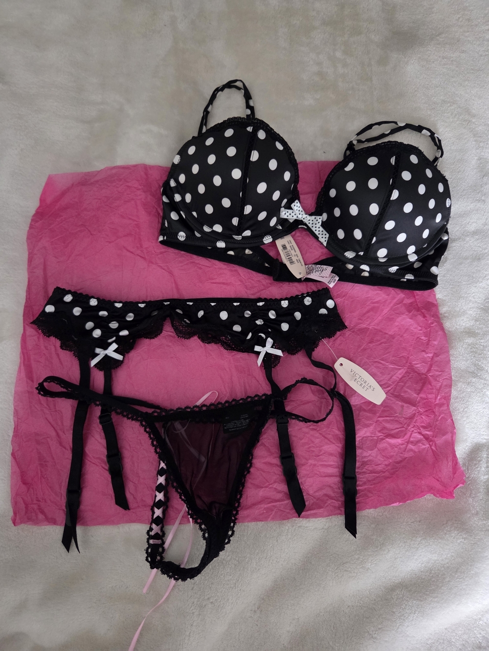 Victoria's Secret Black and White Polka Dot Lace Lingerie Set